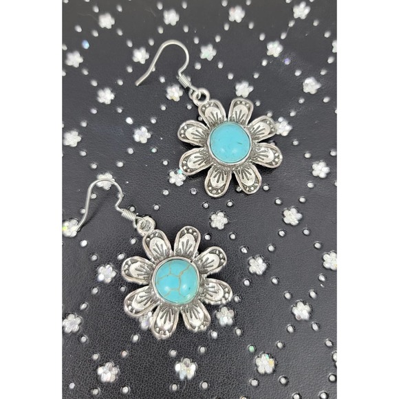 Turquoise Flower Drop Earrings - Picture 3 of 3